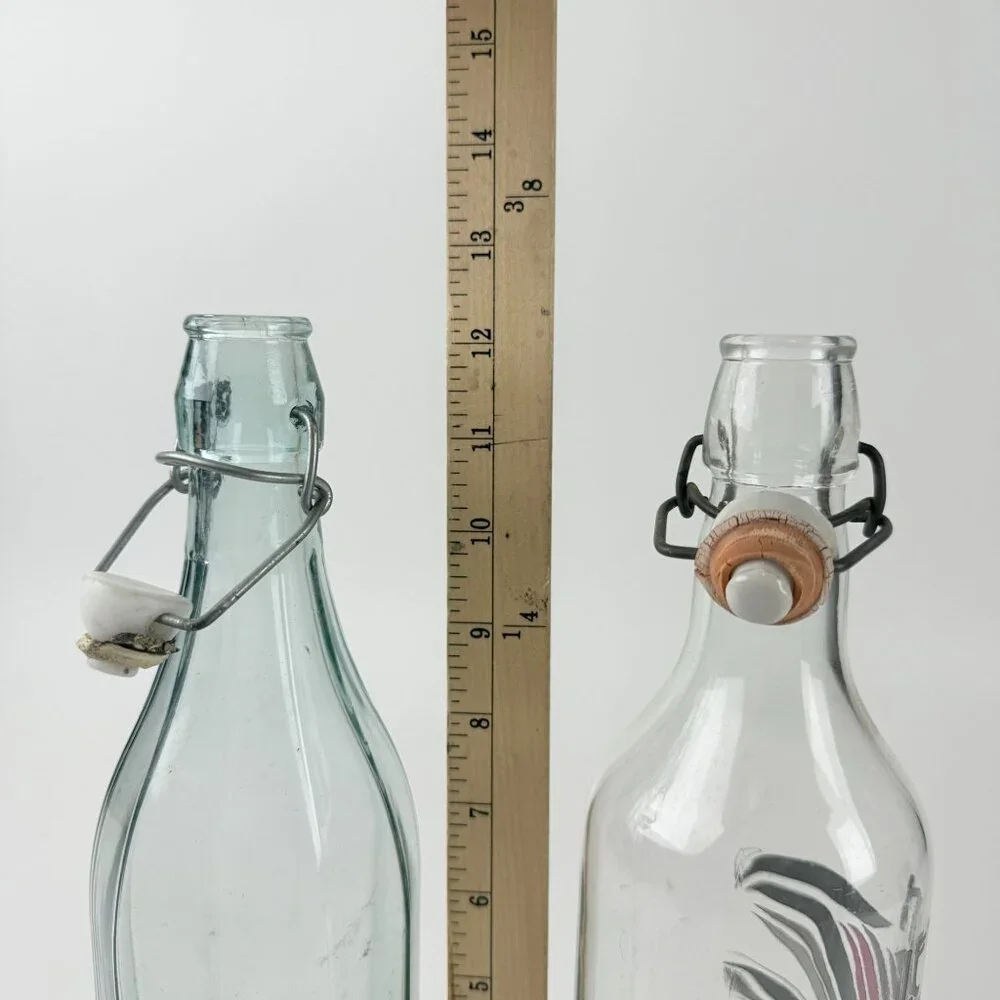 Art Nouveau Le Vin Wine Bottle Set Ceramic Topper Glass Pair 12.5”